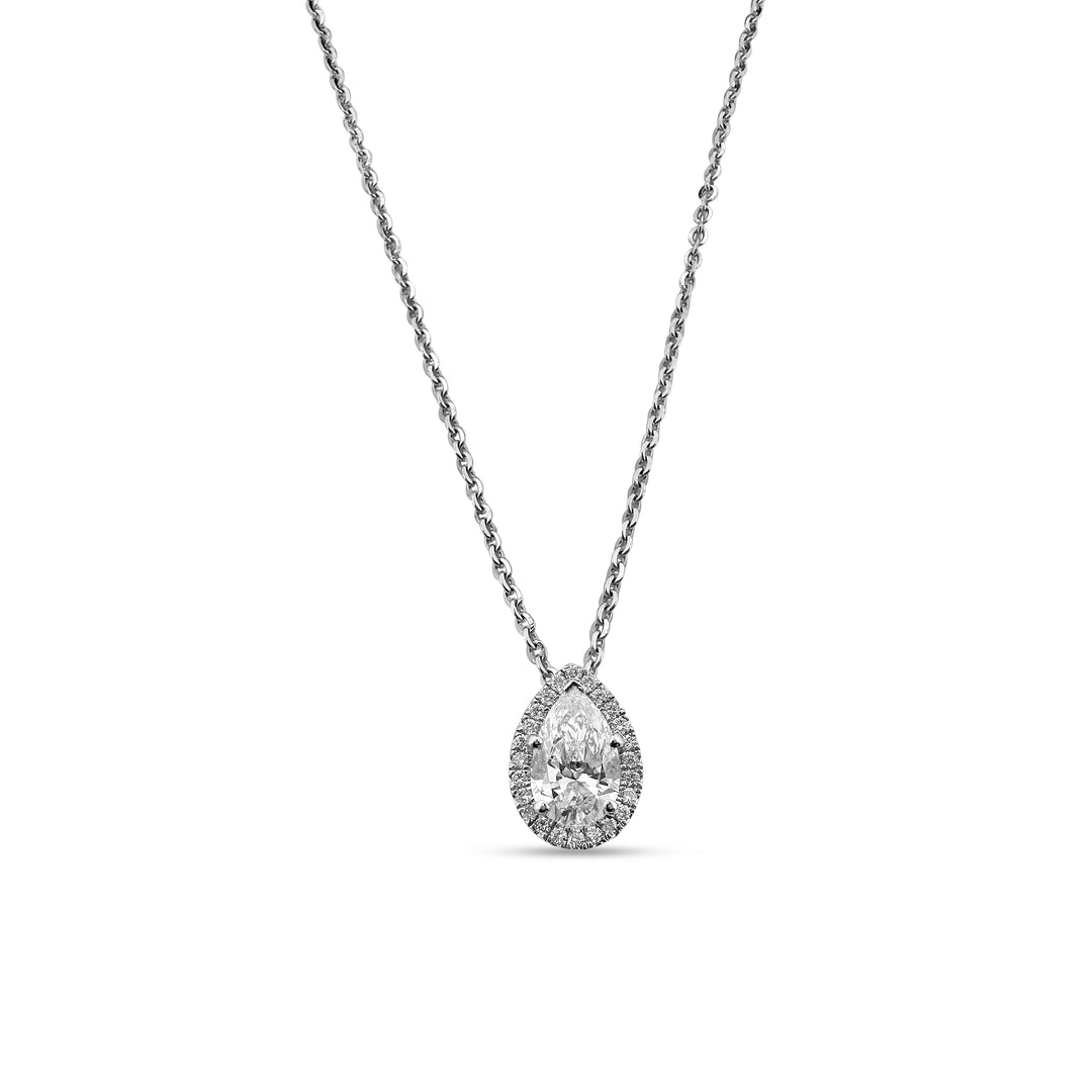 0.71ct Pear Shape Center Lab-Grown Diamond Halo Necklace in 14k White Gold