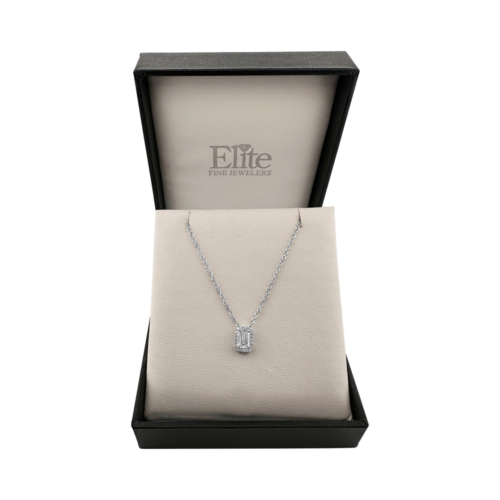0.57ctw Emerald Cut Center Lab-Grown Diamond Halo Necklace in 14k White Gold