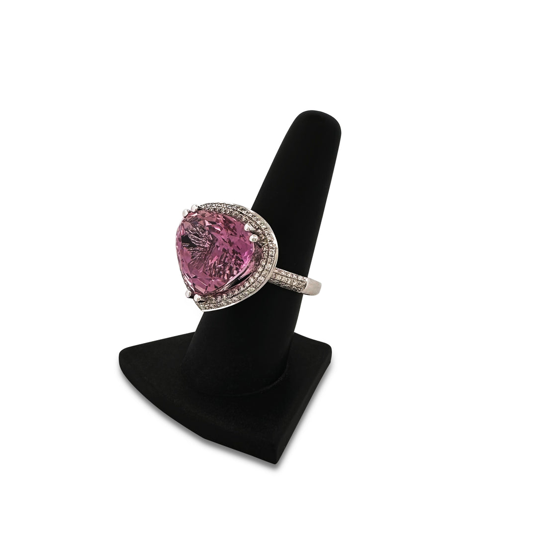 26.37cts Pear Shaped Kunzite and Diamond Cocktail Ring in 14k White Gold