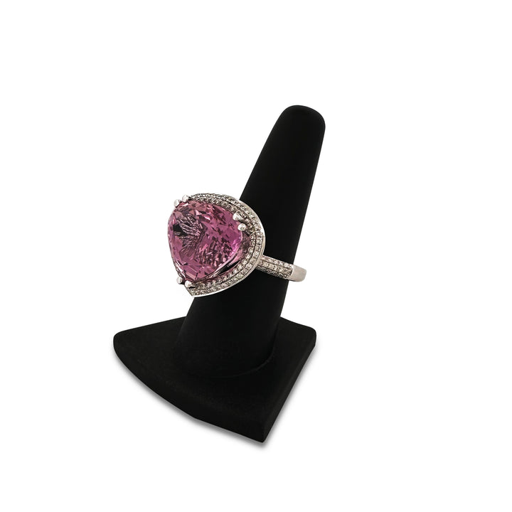 26.37cts Pear Shaped Kunzite and Diamond Cocktail Ring in 14k White Gold