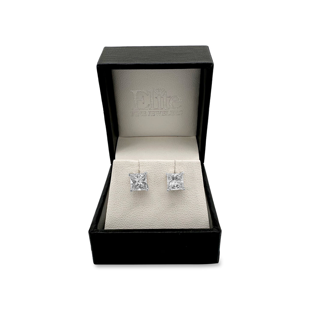 2ctw Princess Cut Natural Diamond Stud Earrings in 14k White Gold