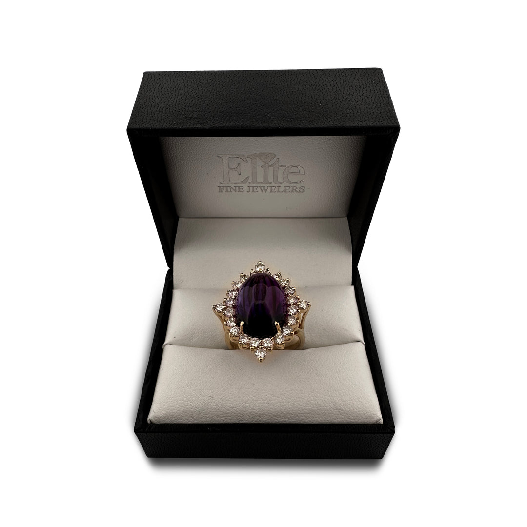 Oval Cabochon Amethyst & Round Brilliant Diamond Cocktail Ring in 14k Yellow Gold