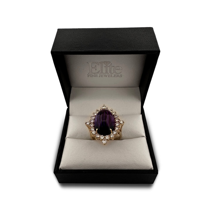 Oval Cabochon Amethyst & Round Brilliant Diamond Cocktail Ring in 14k Yellow Gold