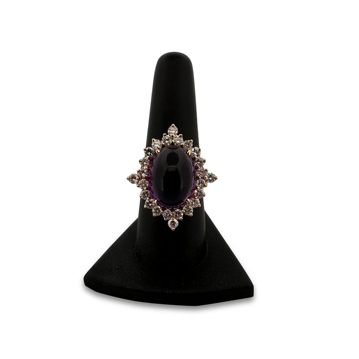 Oval Cabochon Amethyst & Round Brilliant Diamond Cocktail Ring in 14k Yellow Gold
