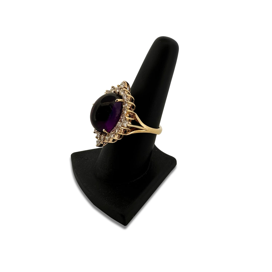 Oval Cabochon Amethyst & Round Brilliant Diamond Cocktail Ring in 14k Yellow Gold