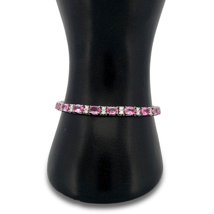 Oval Pink Sapphire and Natural Round Brilliant Diamond Link Bracelet in 14k White Gold