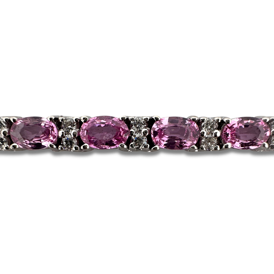 Oval Pink Sapphire and Natural Round Brilliant Diamond Link Bracelet in 14k White Gold