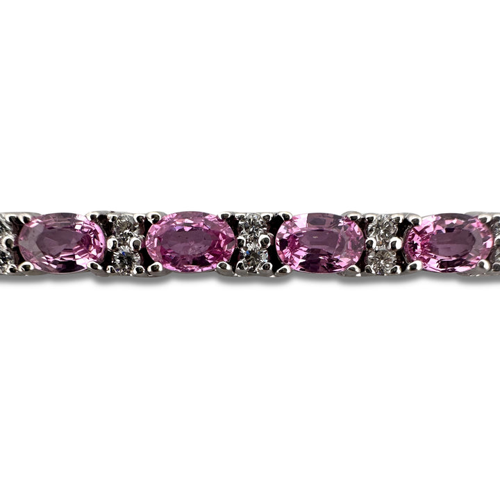 Oval Pink Sapphire and Natural Round Brilliant Diamond Link Bracelet in 14k White Gold
