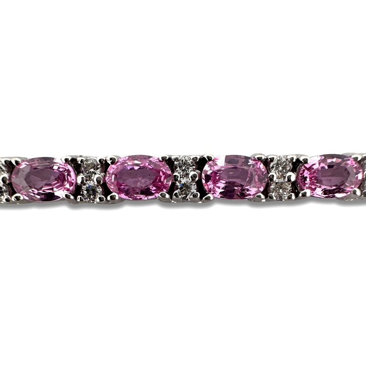 Oval Pink Sapphire and Natural Round Brilliant Diamond Link Bracelet in 14k White Gold