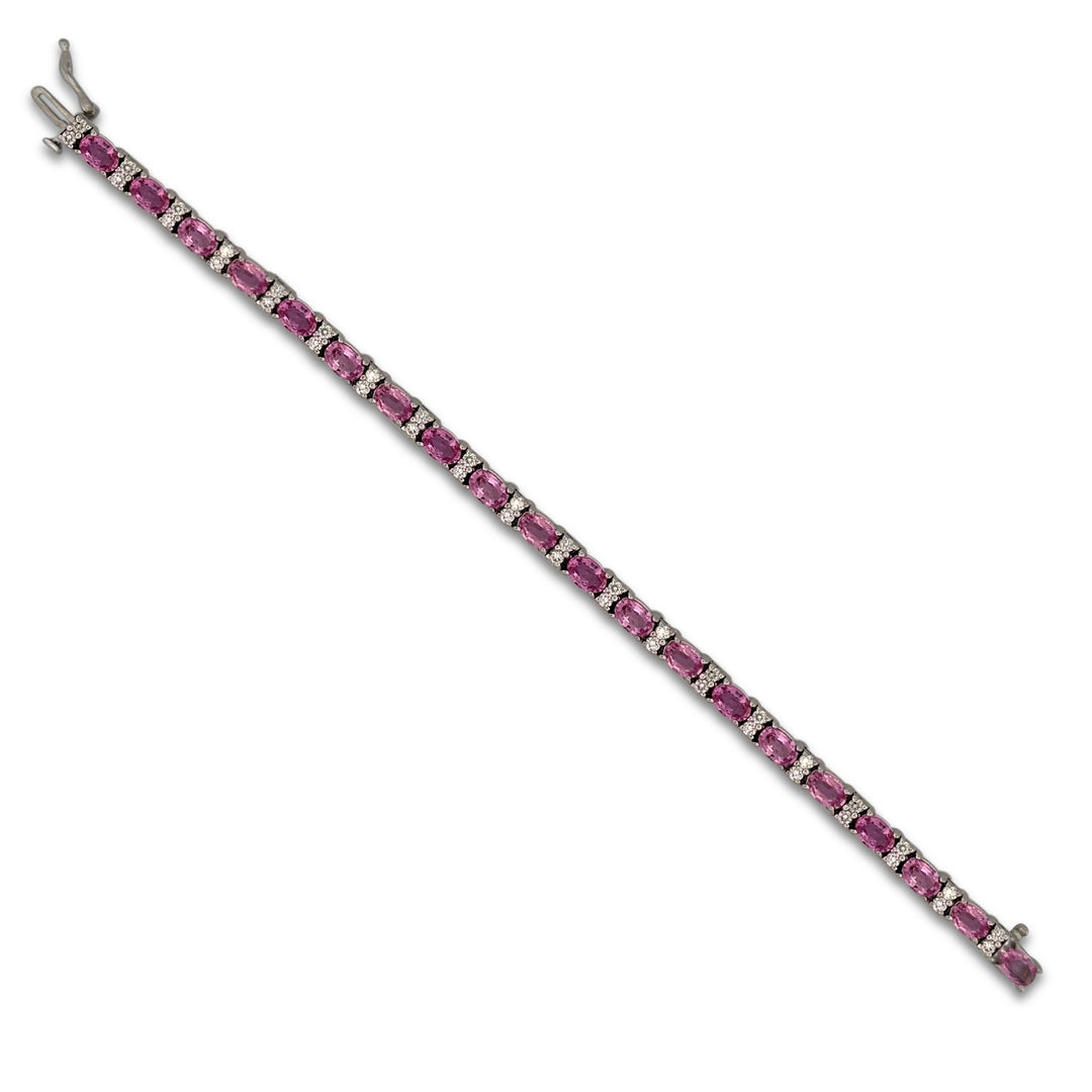 Oval Pink Sapphire and Natural Round Brilliant Diamond Link Bracelet in 14k White Gold