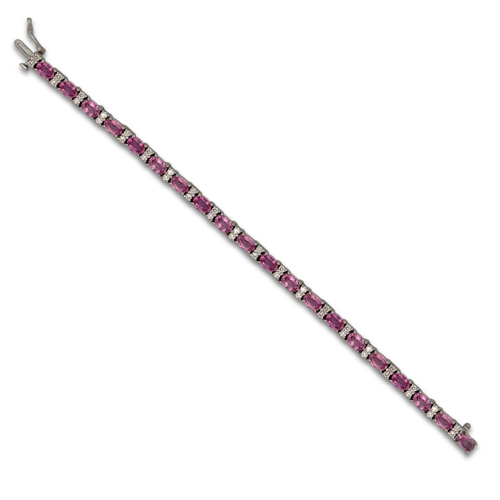 Oval Pink Sapphire and Natural Round Brilliant Diamond Link Bracelet in 14k White Gold