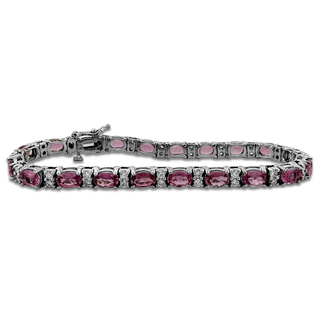 Oval Pink Sapphire and Natural Round Brilliant Diamond Link Bracelet in 14k White Gold