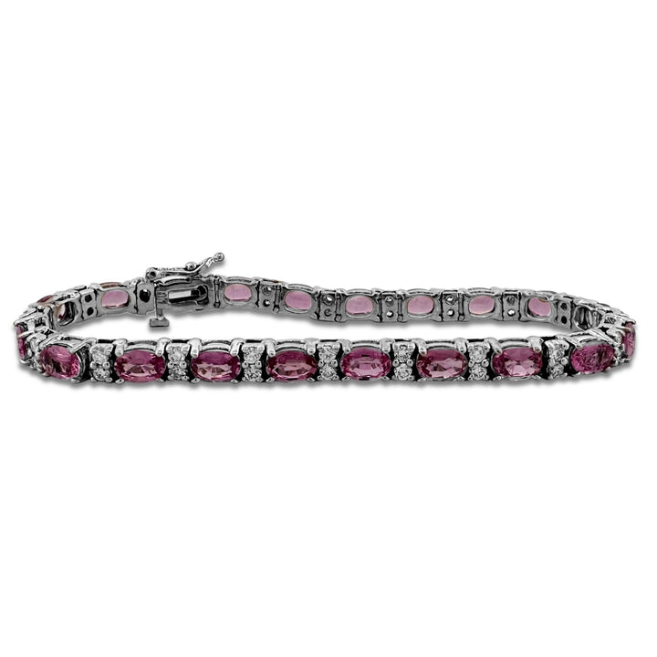 Oval Pink Sapphire and Natural Round Brilliant Diamond Link Bracelet in 14k White Gold