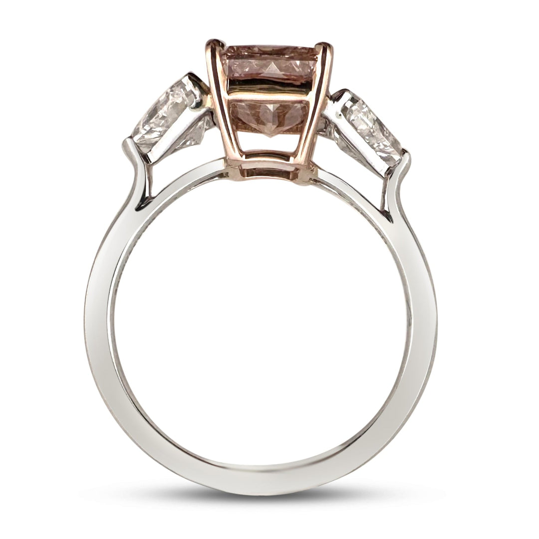 IGI Graded 2.41ct Fancy Vivid Pink Radiant with Triangle Sides 3-Stone Lab-Grown Diamond Engagement Ring in 14k White & Rose Gold