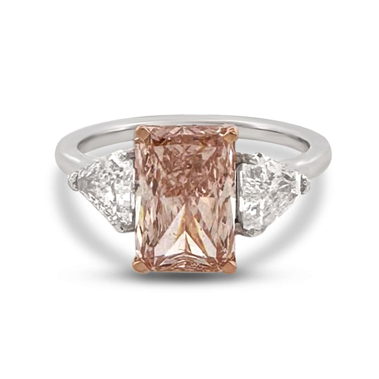 IGI Graded 2.41ct Fancy Vivid Pink Radiant with Triangle Sides 3-Stone Lab-Grown Diamond Engagement Ring in 14k White & Rose Gold