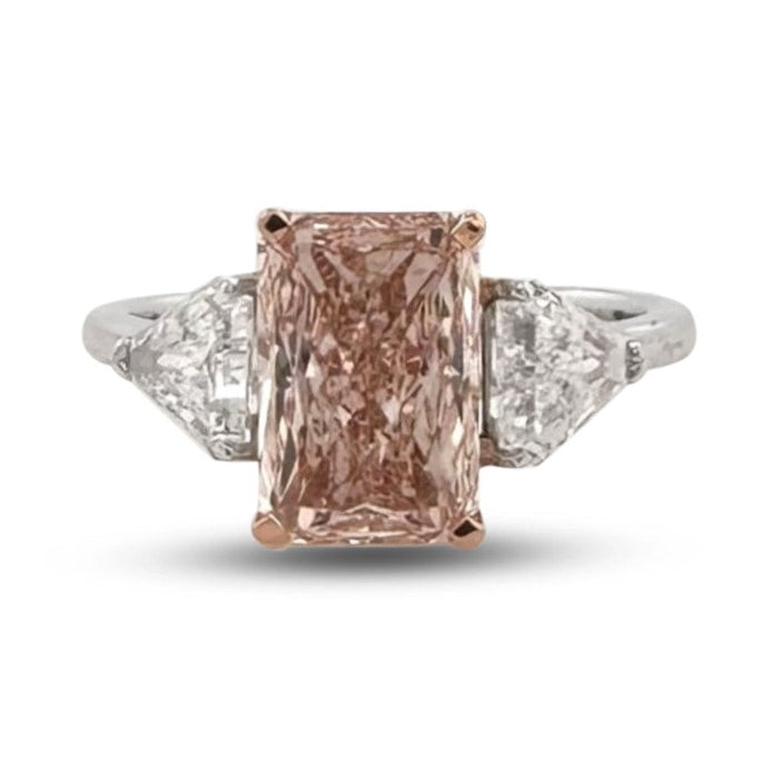 IGI Graded 2.41ct Fancy Vivid Pink Radiant with Triangle Sides 3-Stone Lab-Grown Diamond Engagement Ring in 14k White & Rose Gold