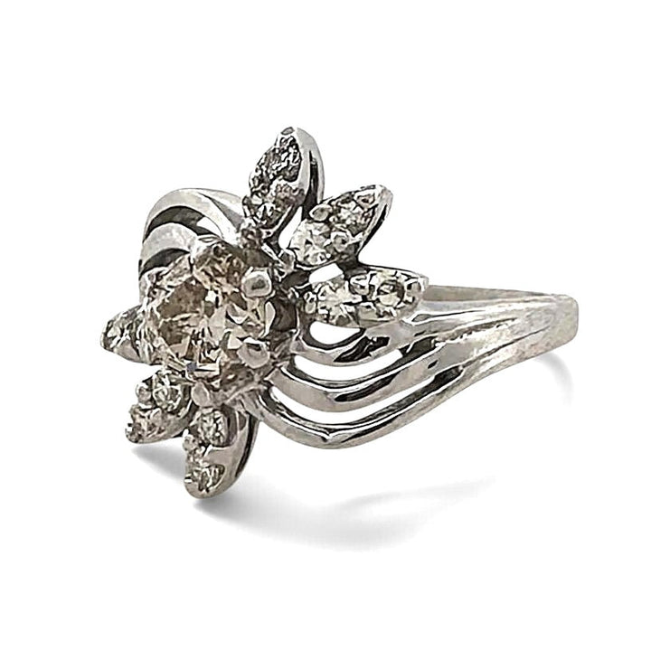 Vintage 0.55ct Old European Cut Brown Diamond & Single Cut Diamond Spray Cocktail Ring in 14k White Gold