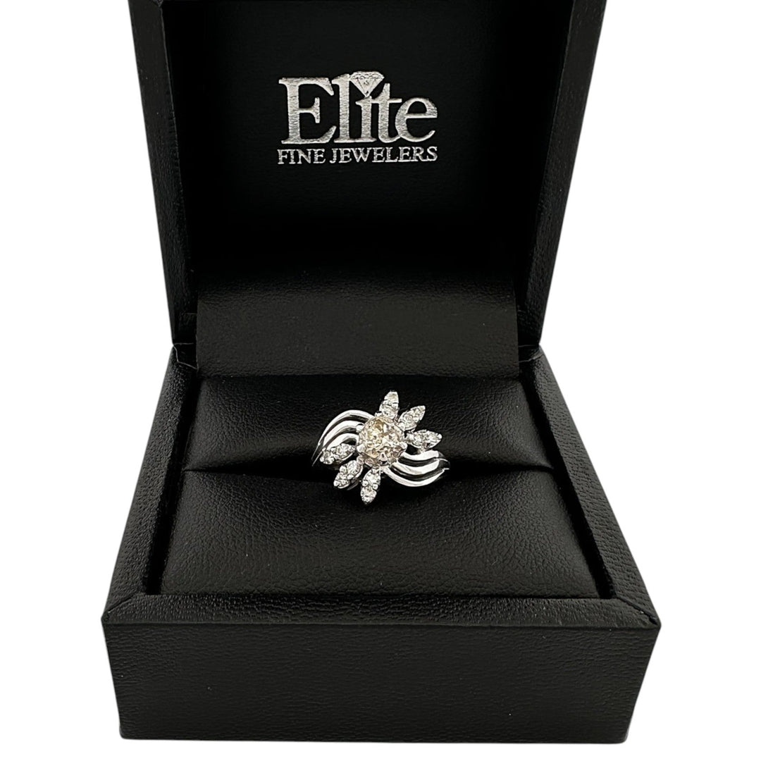 Vintage 0.55ct Old European Cut Brown Diamond & Single Cut Diamond Spray Cocktail Ring in 14k White Gold