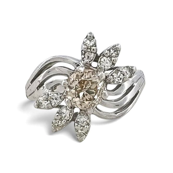 Vintage 0.55ct Old European Cut Brown Diamond & Single Cut Diamond Spray Cocktail Ring in 14k White Gold