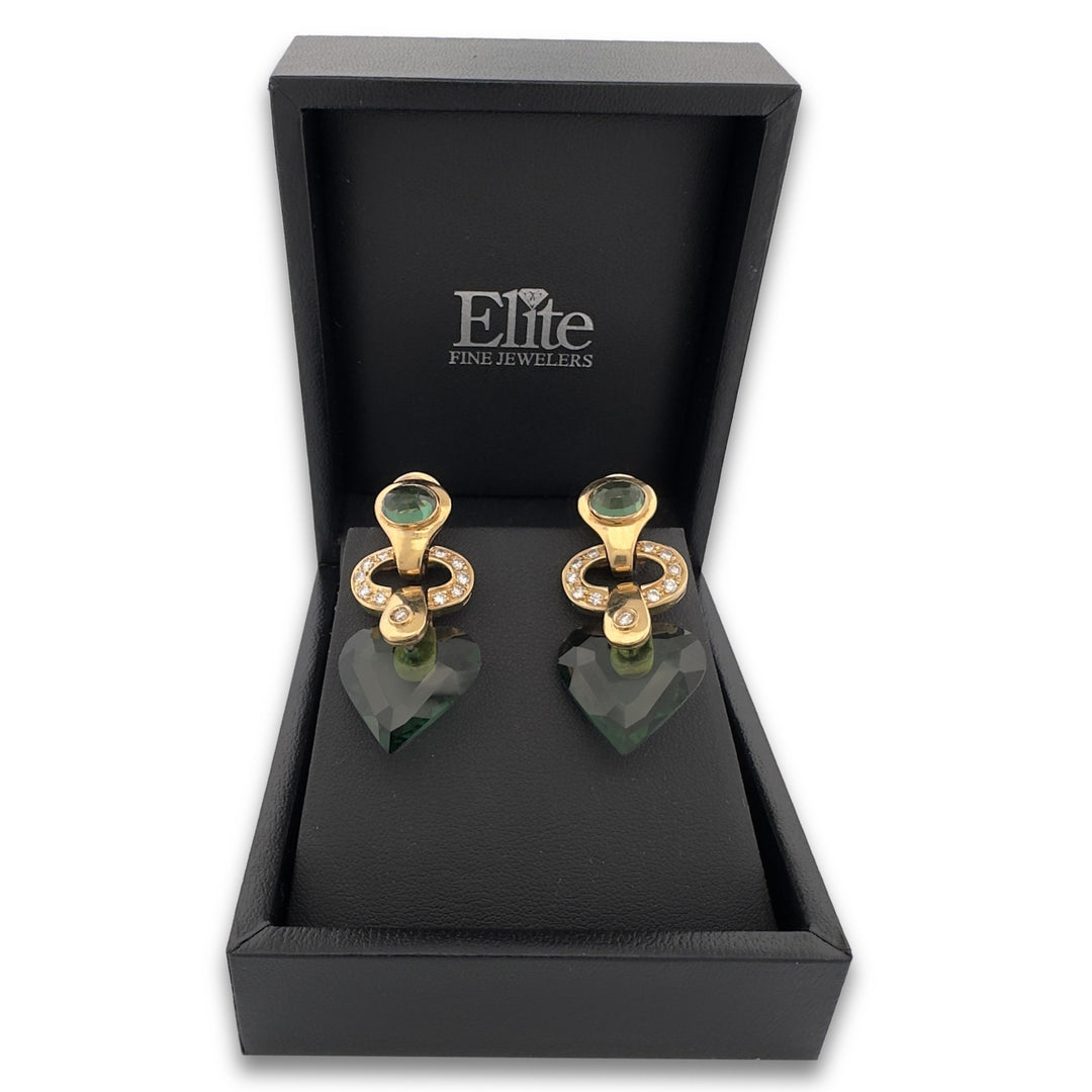 Green Synthetic Quartz Hearts & Natural Round Brilliant Diamond Drop Earrings in 14k Yellow Gold
