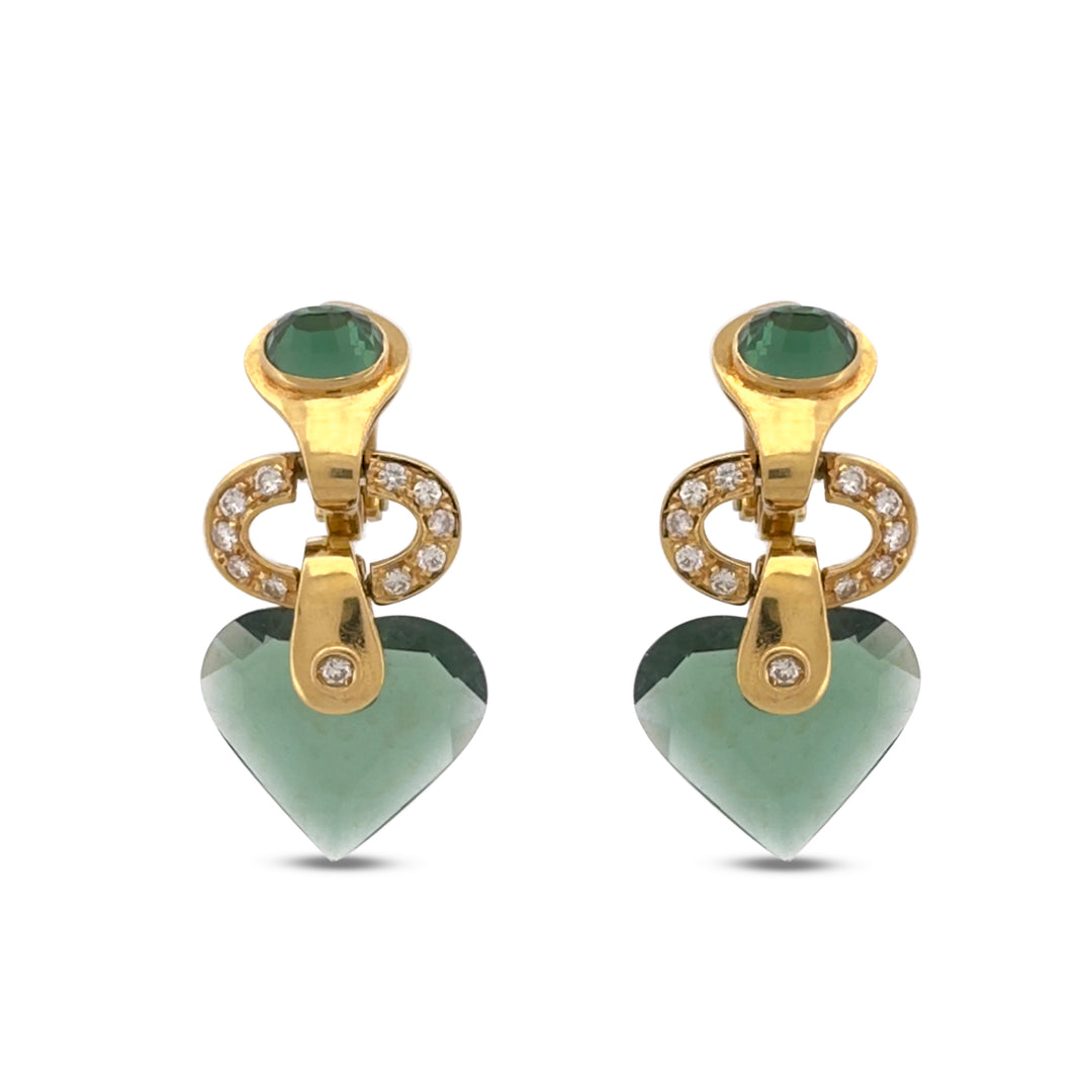 Green Synthetic Quartz Hearts & Natural Round Brilliant Diamond Drop Earrings in 14k Yellow Gold