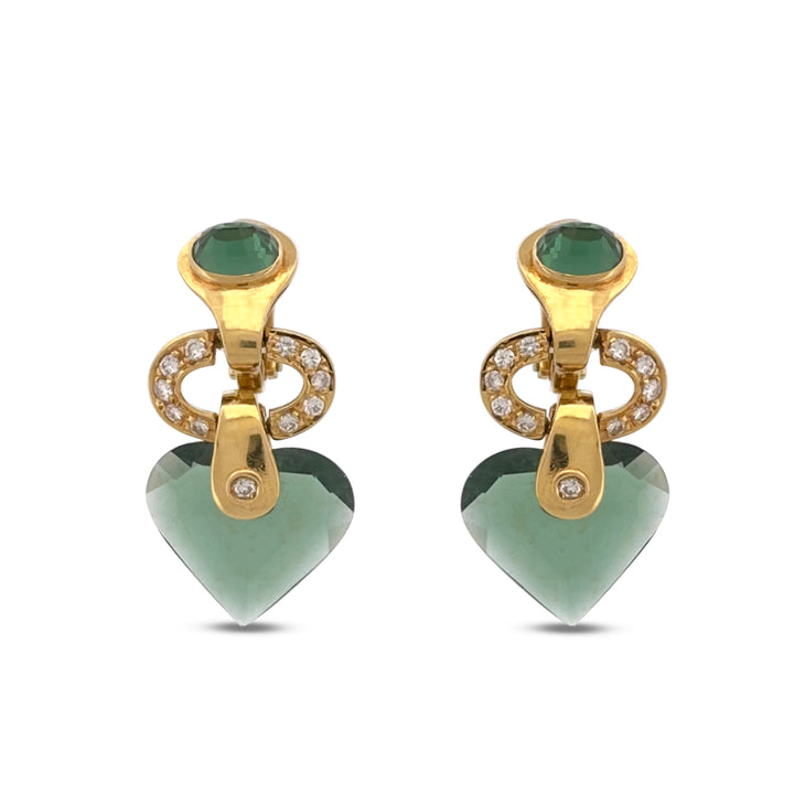 Green Synthetic Quartz Hearts & Natural Round Brilliant Diamond Drop Earrings in 14k Yellow Gold