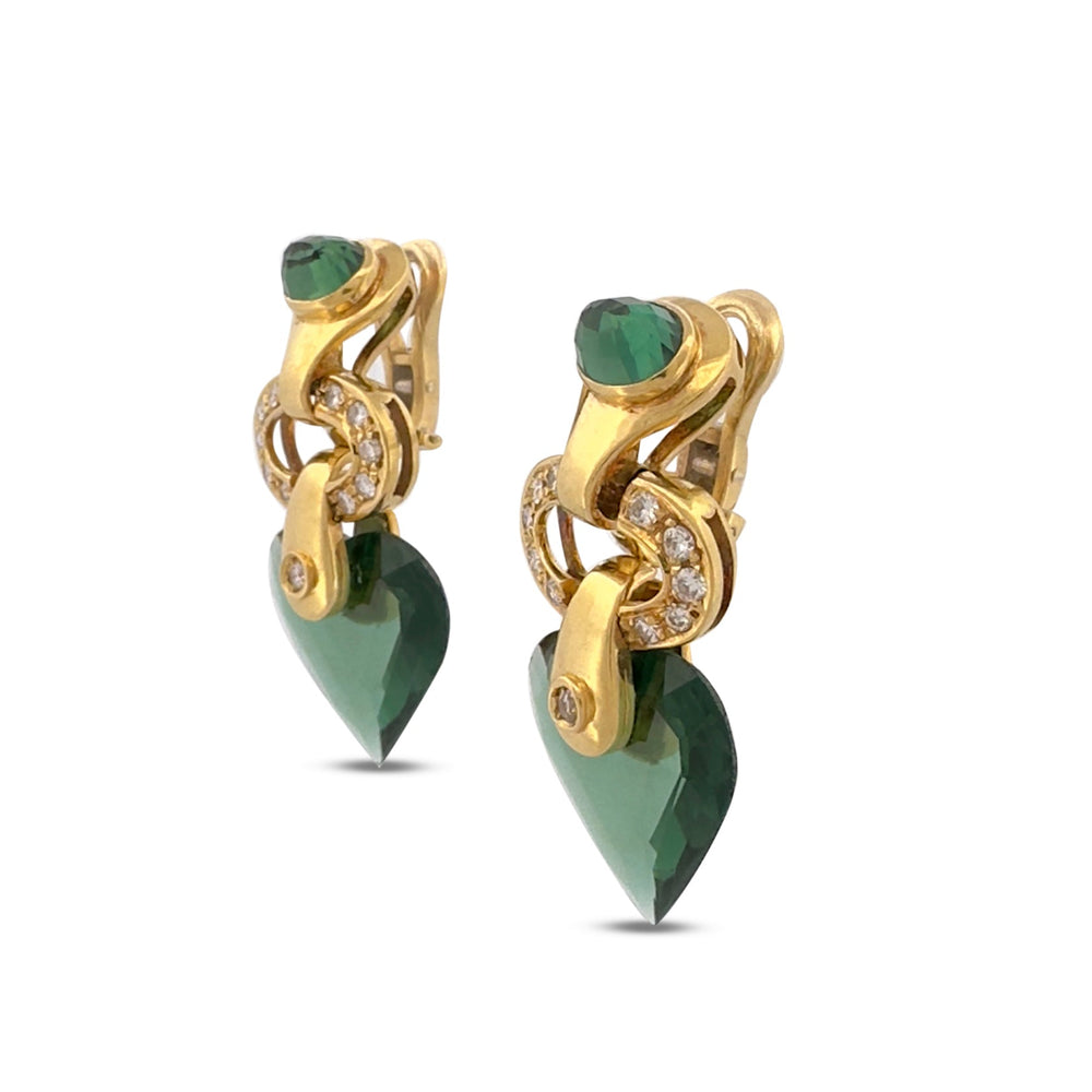 Green Synthetic Quartz Hearts & Natural Round Brilliant Diamond Drop Earrings in 14k Yellow Gold