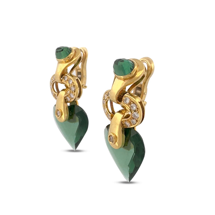 Green Synthetic Quartz Hearts & Natural Round Brilliant Diamond Drop Earrings in 14k Yellow Gold