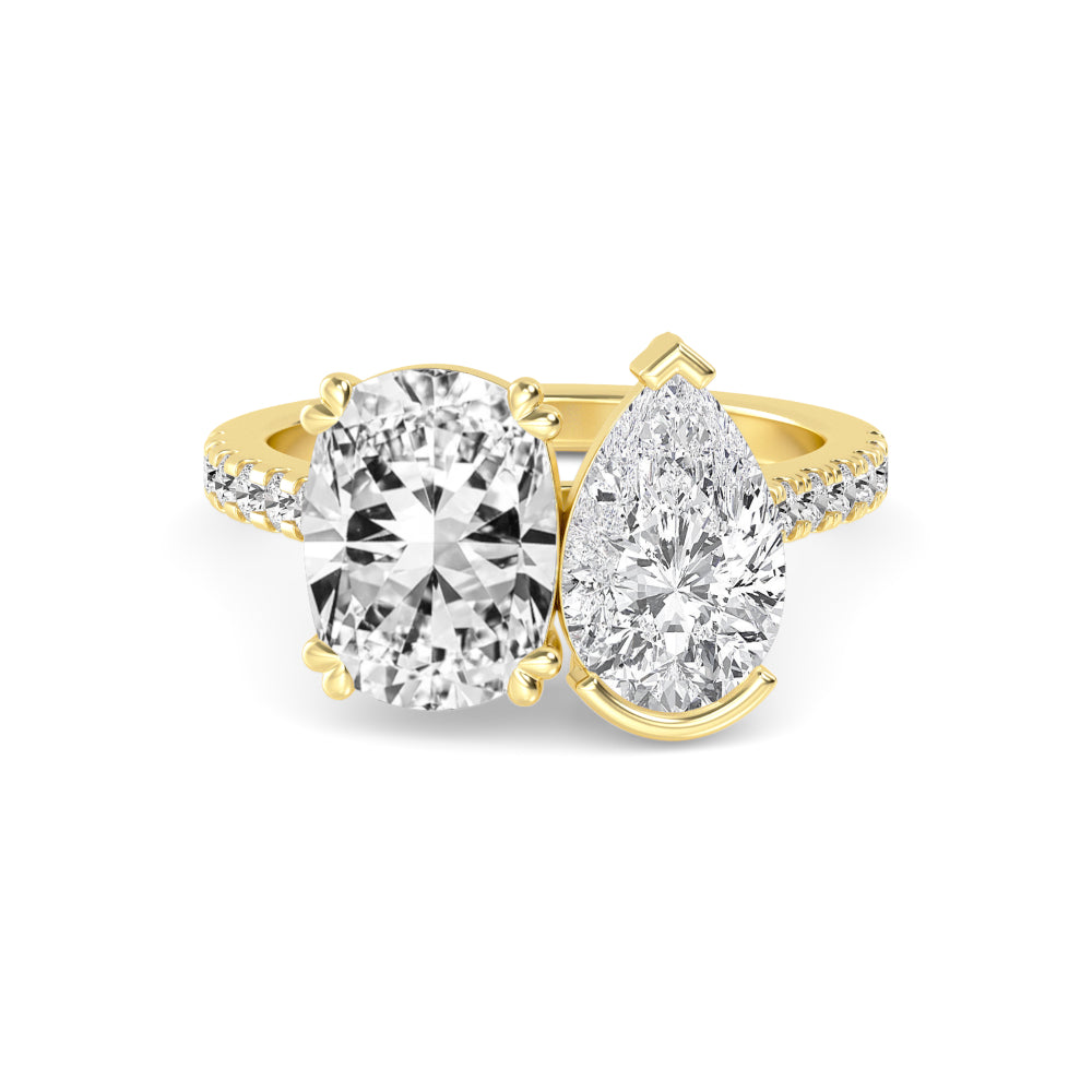 5.27ctw Cushion & Pear Cut with Round Brilliants Lab-Grown Diamond Toi et Moi Ring in 14k Yellow Gold