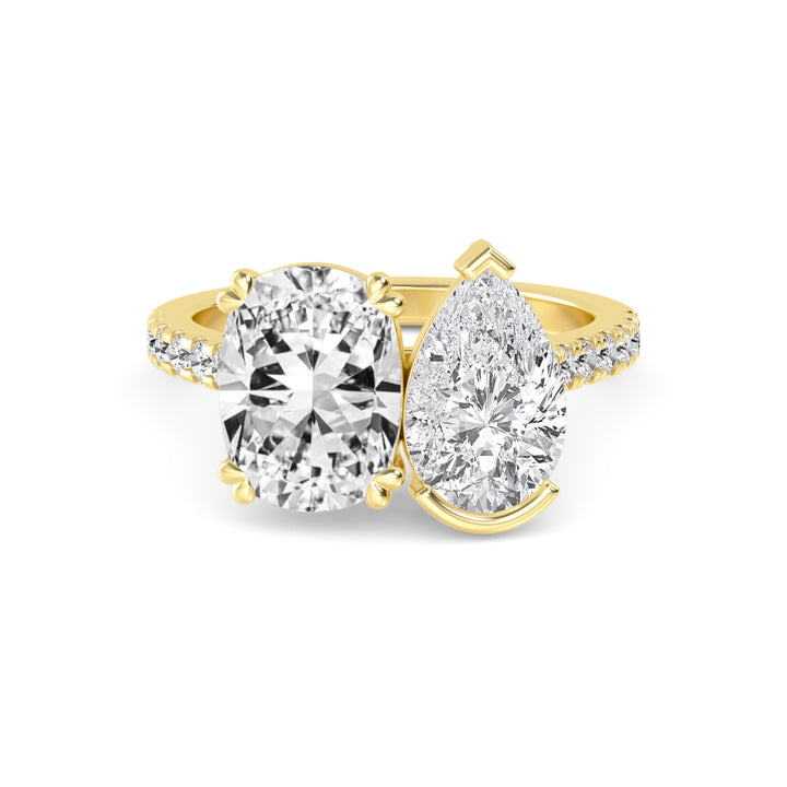 5.27ctw Cushion & Pear Cut with Round Brilliants Lab-Grown Diamond Toi et Moi Ring in 14k Yellow Gold