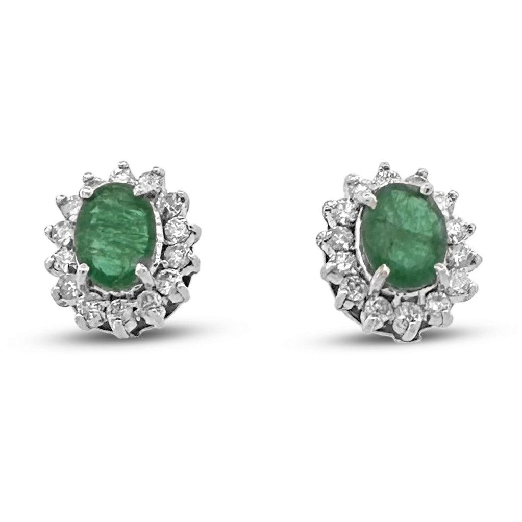 Oval Emerald and Natural Diamond Earrings in 14k White Gold