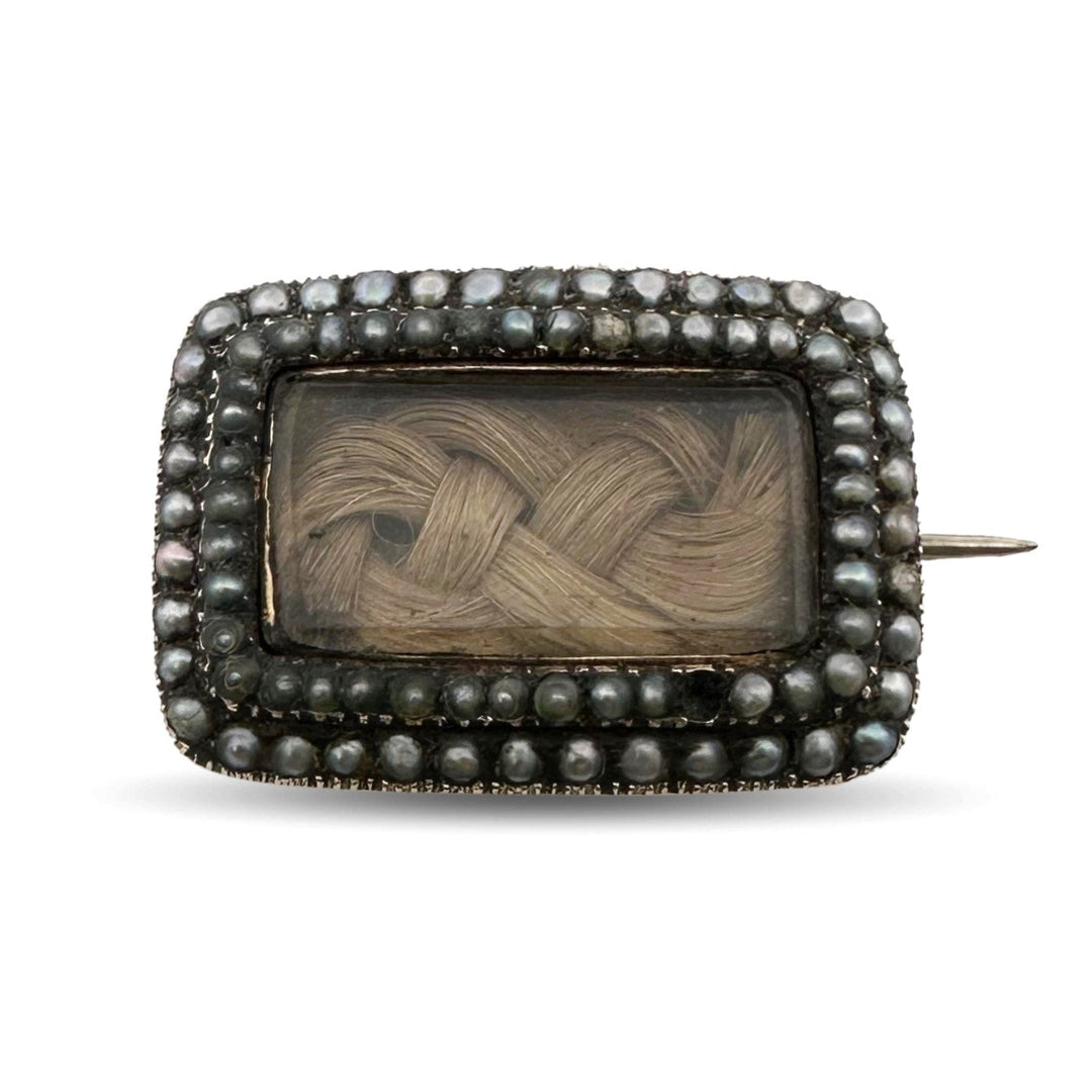 Victorian Seed Pearl and Hair Mourning Brooch in 10k Yellow Gold
