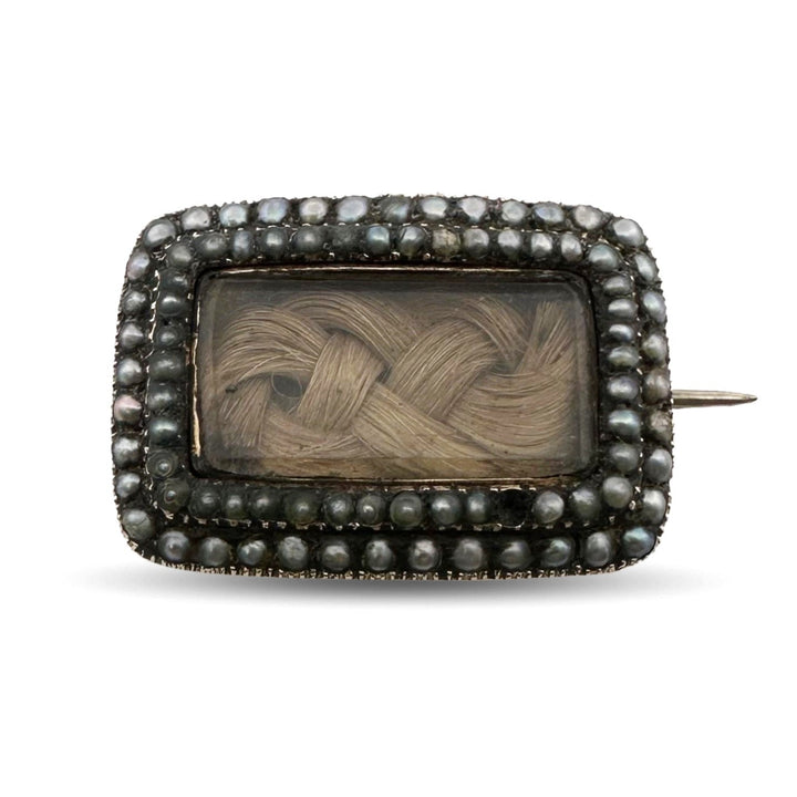 Victorian Seed Pearl and Hair Mourning Brooch in 10k Yellow Gold