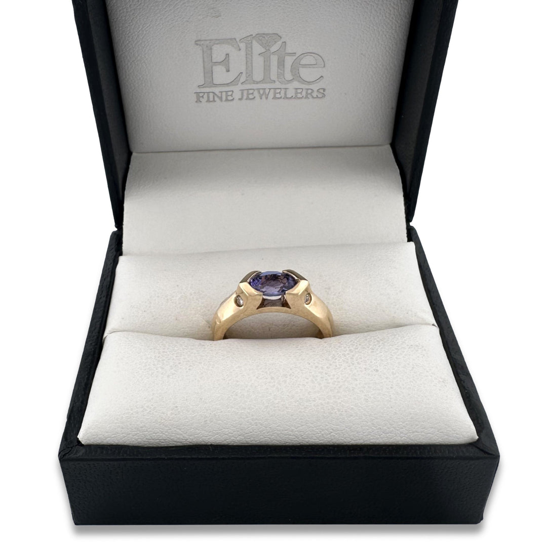 Oval Tanzanite & Round Brilliant Diamond East-West Cocktail Ring in 14k Yellow Gold