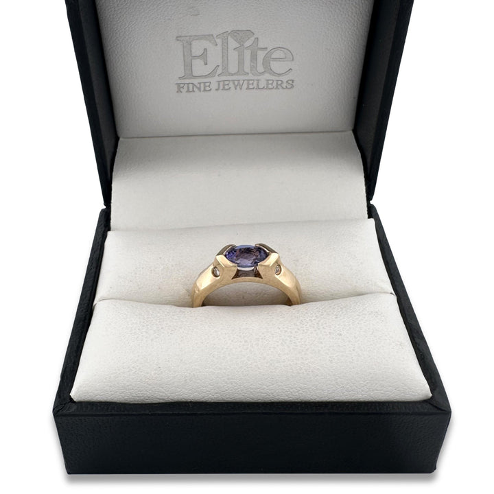 Oval Tanzanite & Round Brilliant Diamond East-West Cocktail Ring in 14k Yellow Gold