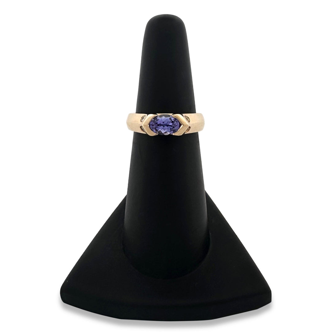 Oval Tanzanite & Round Brilliant Diamond East-West Cocktail Ring in 14k Yellow Gold
