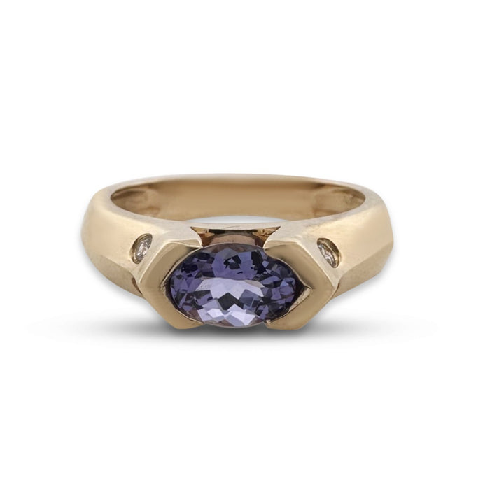 Oval Tanzanite & Round Brilliant Diamond East-West Cocktail Ring in 14k Yellow Gold