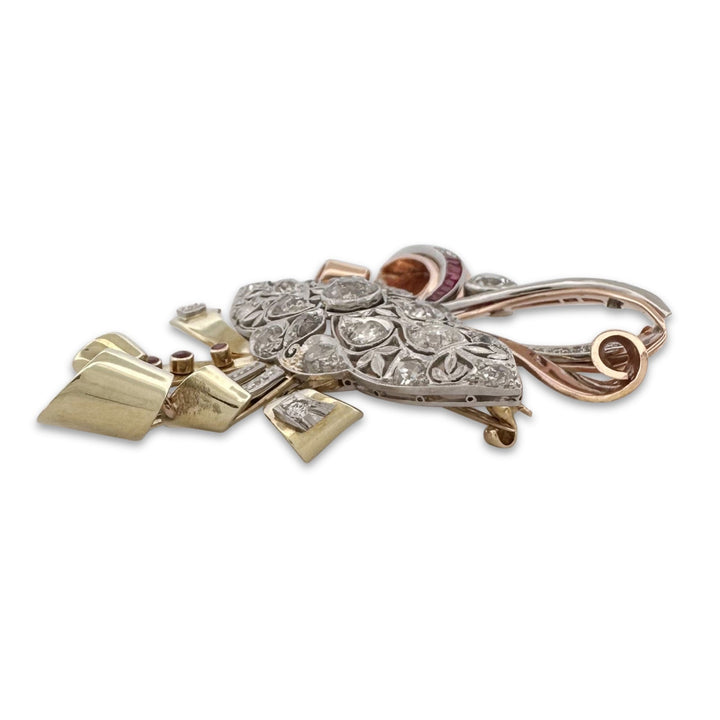 Art Deco & Retro 3ctw Old European Cut Diamond & Ruby Brooch in 14k Tri-Tone Gold
