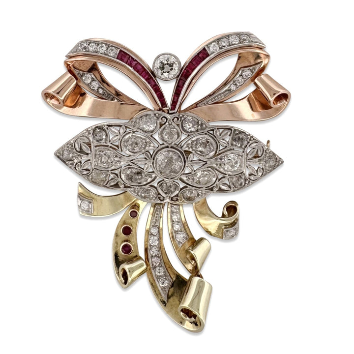 Art Deco & Retro 3ctw Old European Cut Diamond & Ruby Brooch in 14k Tri-Tone Gold