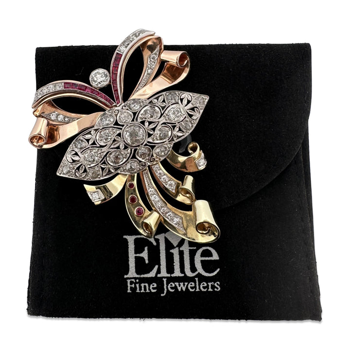 Art Deco & Retro 3ctw Old European Cut Diamond & Ruby Brooch in 14k Tri-Tone Gold