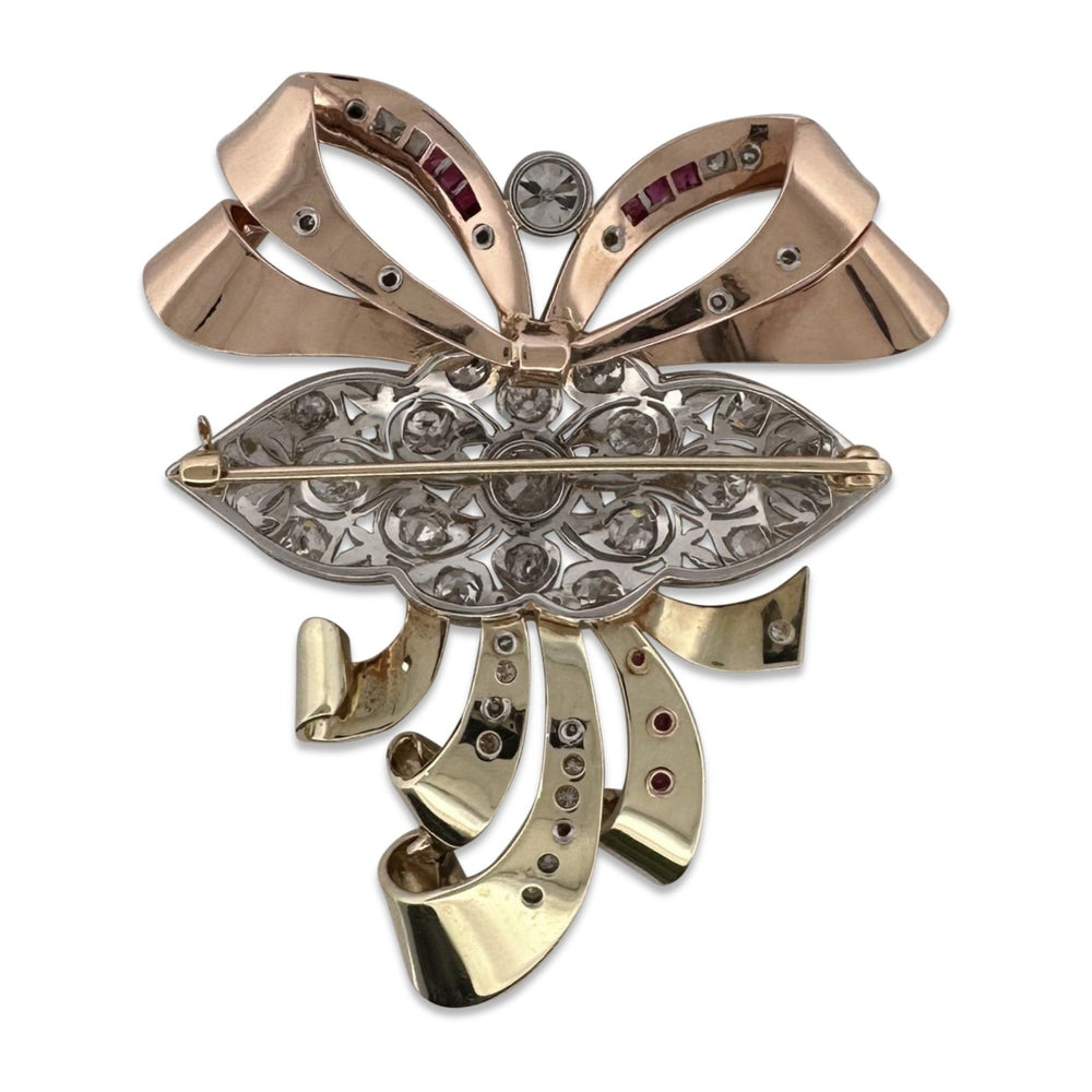 Art Deco & Retro 3ctw Old European Cut Diamond & Ruby Brooch in 14k Tri-Tone Gold