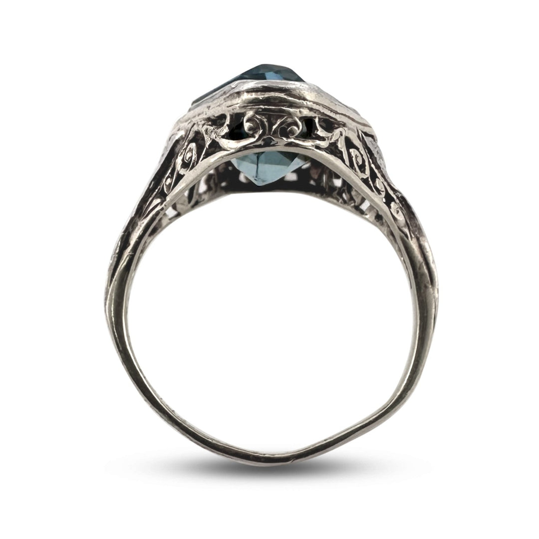 Art Deco Hexagonal Aquamarine with Natural Diamonds Cocktail Ring in 14k Two-Tone Gold