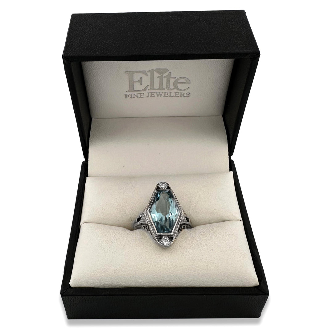 Art Deco Hexagonal Aquamarine with Natural Diamonds Cocktail Ring in 14k Two-Tone Gold