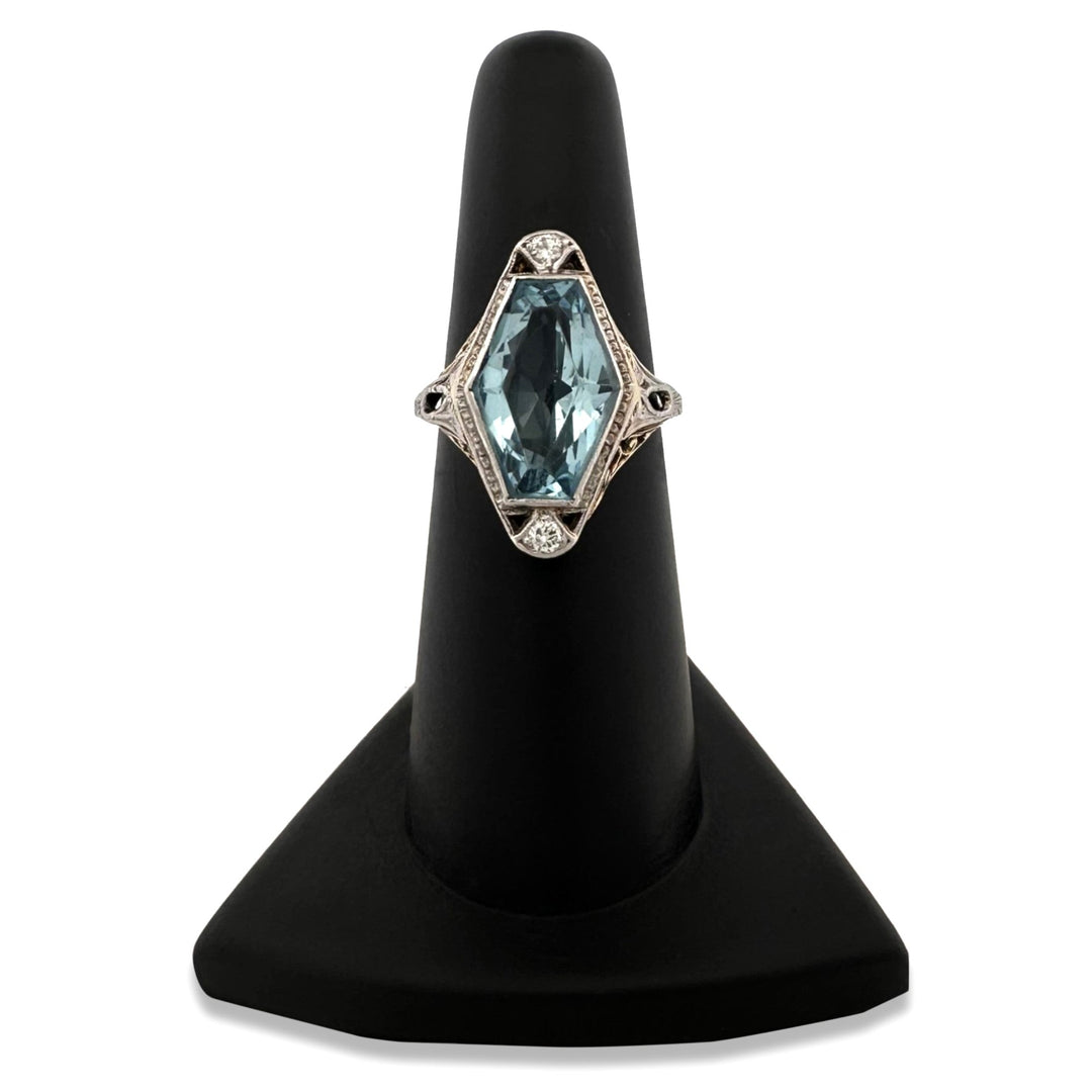 Art Deco Hexagonal Aquamarine with Natural Diamonds Cocktail Ring in 14k Two-Tone Gold