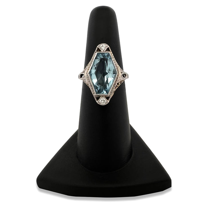 Art Deco Hexagonal Aquamarine with Natural Diamonds Cocktail Ring in 14k Two-Tone Gold