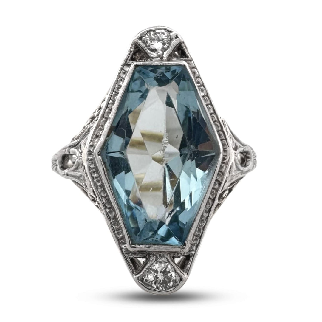 Art Deco Hexagonal Aquamarine with Natural Diamonds Cocktail Ring in 14k Two-Tone Gold
