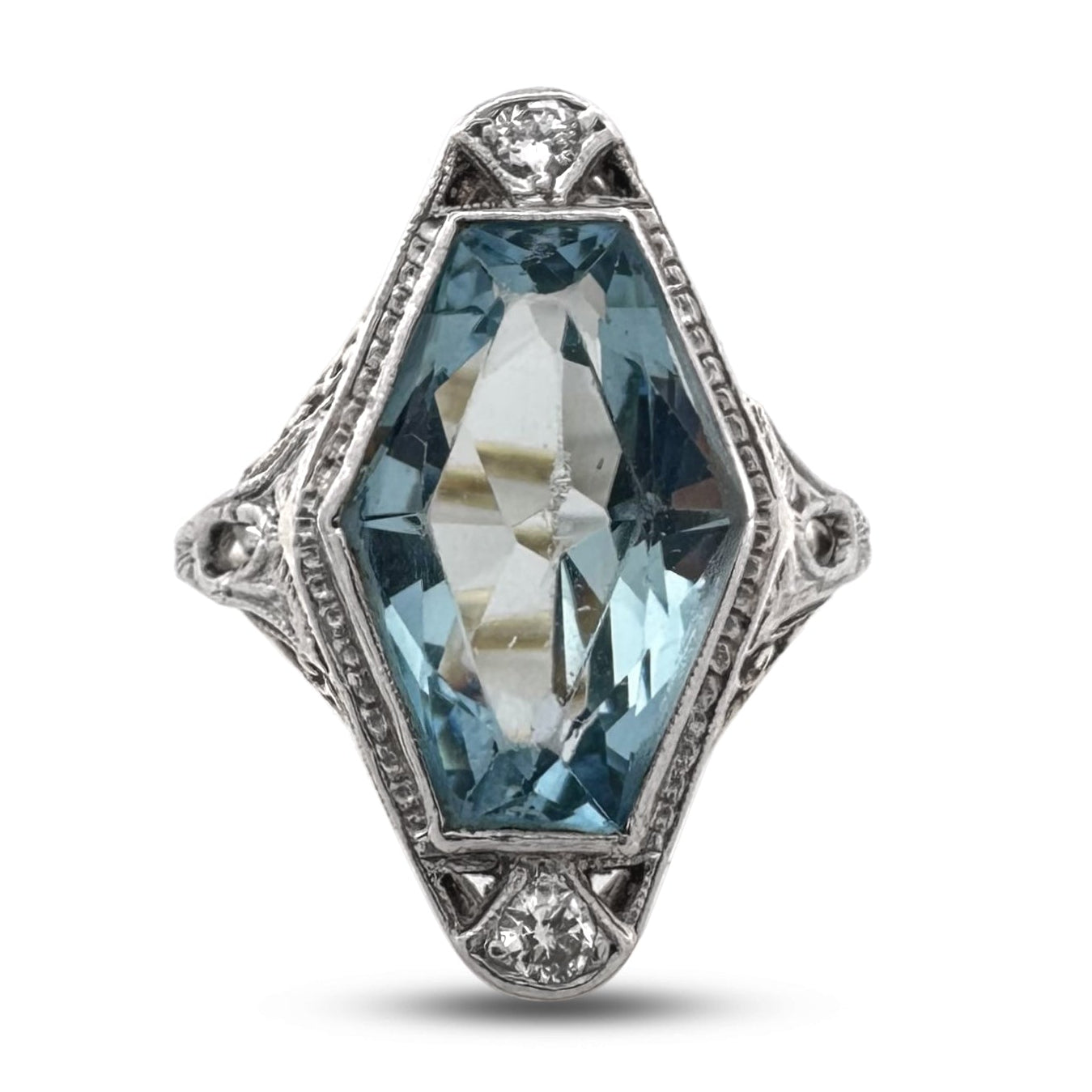 Art Deco Hexagonal Aquamarine with Natural Diamonds Cocktail Ring in 14k Two-Tone Gold