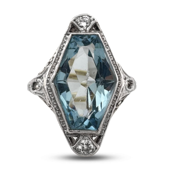 Art Deco Hexagonal Aquamarine with Natural Diamonds Cocktail Ring in 14k Two-Tone Gold