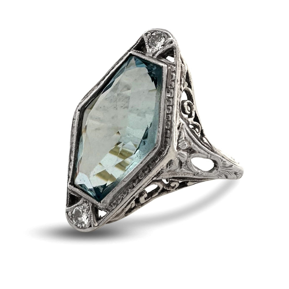 Art Deco Hexagonal Aquamarine with Natural Diamonds Cocktail Ring in 14k Two-Tone Gold