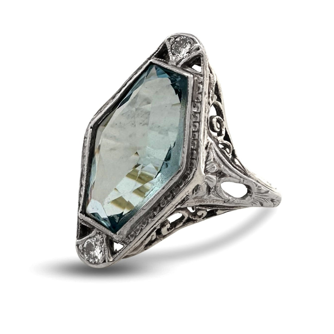 Art Deco Hexagonal Aquamarine with Natural Diamonds Cocktail Ring in 14k Two-Tone Gold